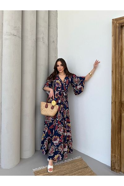 Att Attstil Navy Blue Floor-Length Lily Pattern Double Breasted Dress