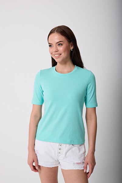 AMİDA Γυναικείο μπλουζάκι με μισό μανίκι τιρκουάζ Lycra - 2524