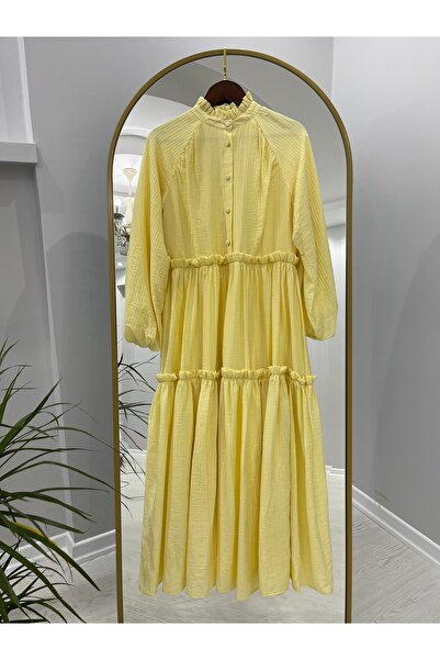 SİİNA GİYİM BY OYMALI Yarım Düğmeli Sarı Elbise
