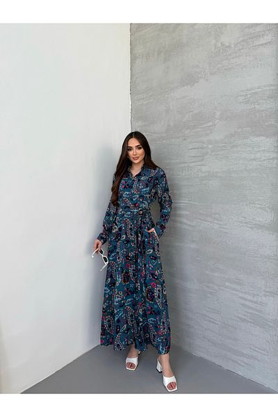Att Attstil Full Length Blue Floor-Length Shawl Pattern Button Dress