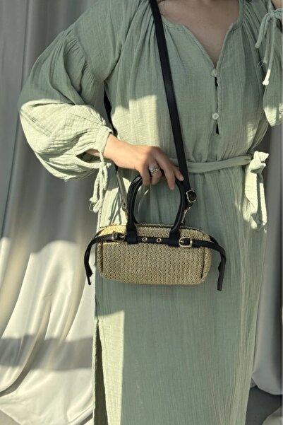 LEONAS Mini Size Belt Detailed Women's Hand and Shoulder Bag Straw Norris Black