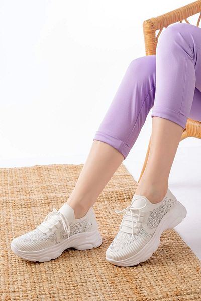 Moda Asmira 3002 White Lace-Up Mesh Casual Sports Shoes with Stone Accessories