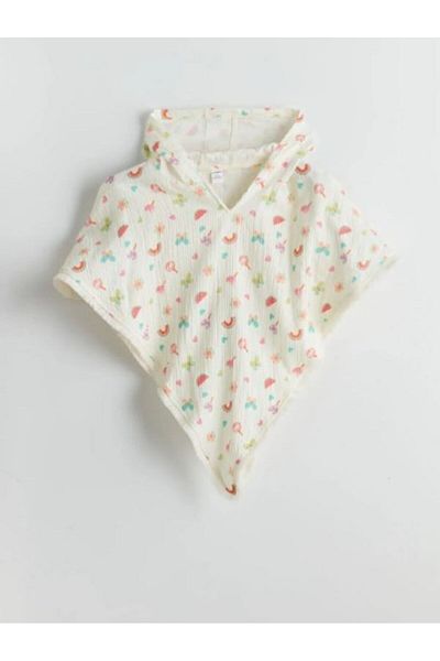LC Waikiki Εκρού με κουκούλα με στάμπα για κορίτσια Poncho Beach Wear S5DO97Z129