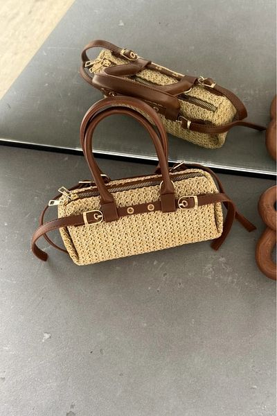 LEONAS Mini Size Belt Detailed Women's Hand and Shoulder Bag Straw Norris Brown