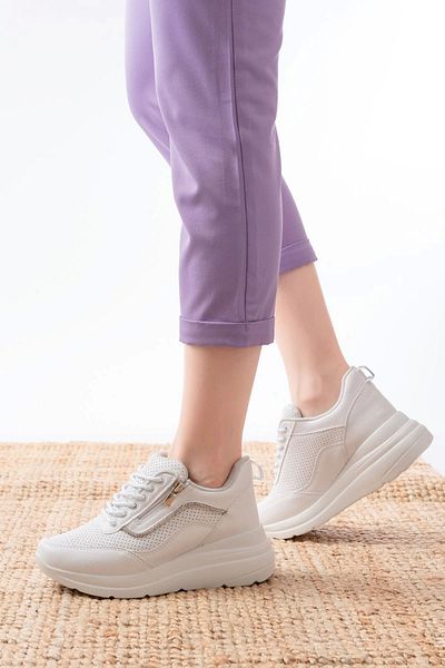 TB Terzi Bey F-207 White Lace-Up Zippered Seasonal Sports Shoes with Stone Accessories