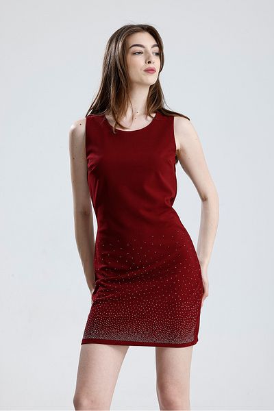 Sense Half Lined Back Zipper Rhinestone Sleeveless Scuba Crepe Evening Dress |   Elb35793 Burgundy