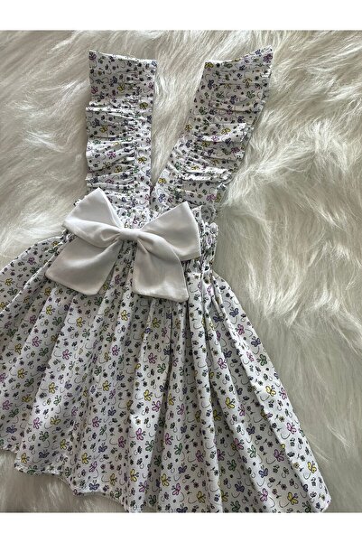 Eylülce Butik KIZ ÇOCUK BEYAZ KELEBEKLİ FİYONKLU FIRFIR ASKILI SALOPET ELBİSE (%100 PAMUK KUMAŞTAN ÜRETİLMİŞTİR.)
