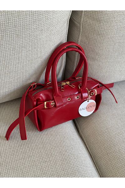 BAGLOVİS Small Casual Stylish Red Women's Shoulder Bag with Front Buckle Detail En22 Boy12