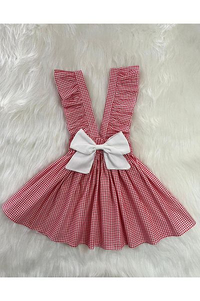 Eylülce Butik Girl's Red Porky White Bow Ruffle Strap Salopet Dress (100% Cotton Fabric)