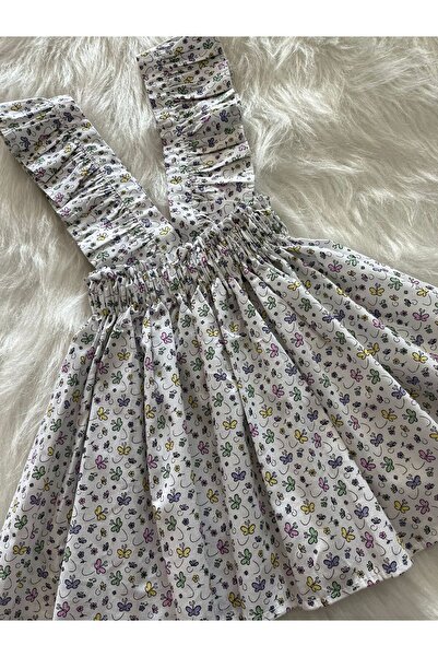 Eylülce Butik KIZ ÇOCUK BEYAZ KELEBEKLİ FİYONKLU FIRFIR ASKILI SALOPET ELBİSE (%100 PAMUK KUMAŞTAN ÜRETİLMİŞTİR.)