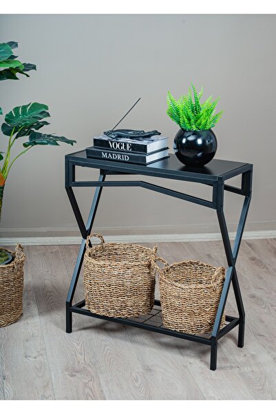 Uyan Ev Ürünleri UYAN EV ÜRÜNLERİ Dresuar Metal Ayaklı Siyah Ahşap Raflı Deko...