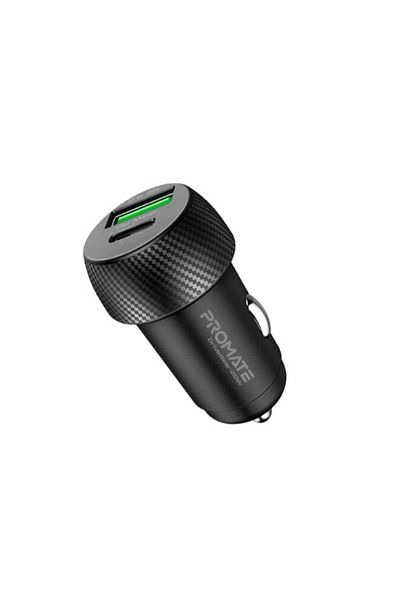 Promate DriveGear-20W Car Charger – 20W USB-C PD + 18W QC3.0, Mini Dual-Port, Carbon Design – Black