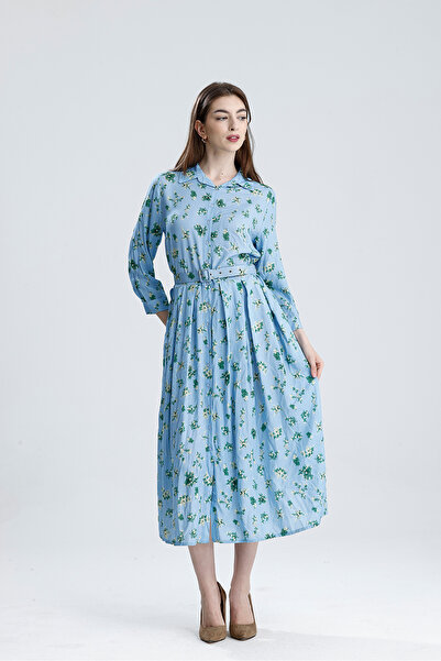 Sense Pleated Waist Belt Floral Viscose Dress | Elb36219 Blue Floral