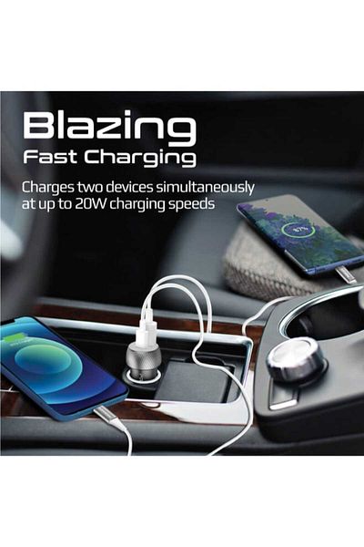 Promate DriveGear-20W Car Charger – 20W USB-C PD + 18W QC3.0, Mini Dual-Port, Carbon Design – Black