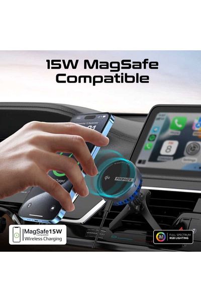 Promate MagChill‑Qi2 15W MagSafe Car Charger – Cooling, Qi2, 360° Mount, F.O.D. Protection – Black
