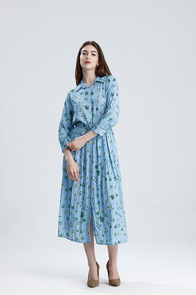 Sense Pleated Waist Belt Floral Viscose Dress |   Elb36219 Blue Floral