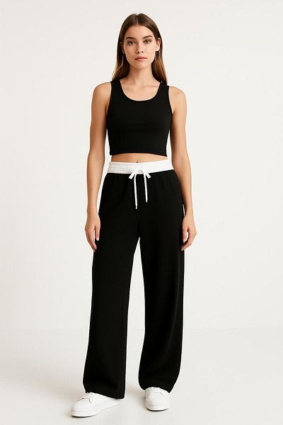 trendalisse Pantaloni de damă cu talie elastică și picioare largi din țesătură sezonieră
