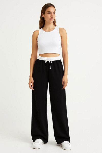 trendalisse Pantaloni de damă cu talie elastică și picioare largi din țesătură sezonieră