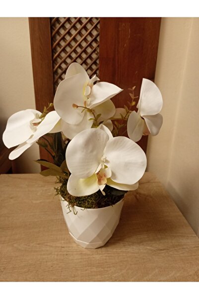 Cennet Home Beyaz Orkide çiçeği 5 Kandilli Elmas Desenli Saksıda Şık Dekoratif Yapay Çiçek