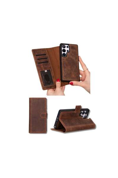 PLM Galaxy S25 Ultra uyumlu, Hakiki Deri, El Yapımı, Cüzdanlı Kılıf, Antik Kahve