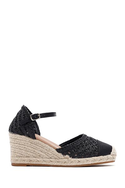 Derimod Women's Black Ankle Buckle Braided Wedge Heeled Espadrille Sandals 25Sfe401929
