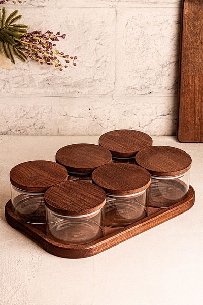 Snippy Doria 6-Piece Wooden Vacuum Lid Rectangular Tray Glass Breakfast Snack Bowl 300 ml
