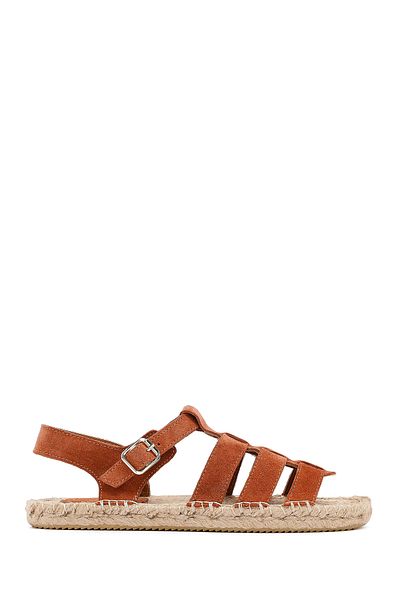 Derimod Women's Tan Buckle Suede Leather Espadrille Sandals 25Sfd206410