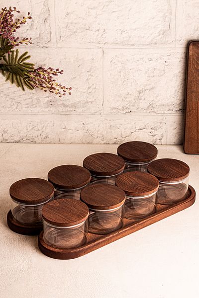 Snippy Doria 10 Piece Tray Wooden Vacuum Lid Patterned Glass Breakfast Multi-Purpose Glass Snack Bowl 300 ml