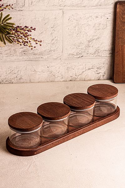 Snippy Doria 5 Piece Tray Wooden Vacuum Lid Patterned Glass Breakfast Multi-Purpose Glass Snack Bowl 300 ml