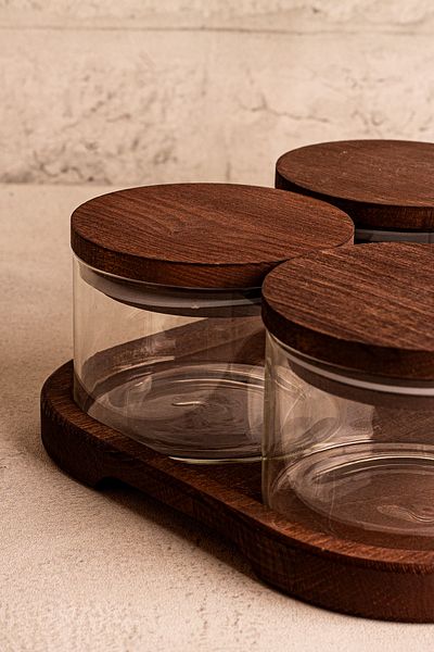 Snippy Doria 6-Piece Wooden Vacuum Lid Rectangular Tray Glass Breakfast Snack Bowl 300 ml