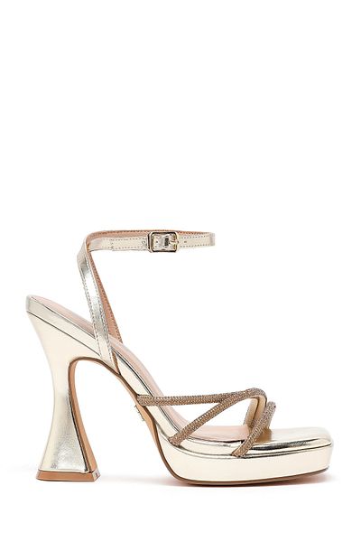 Derimod Women's Gold Ankle Strap Thick High Heeled Evening Dress Sandals