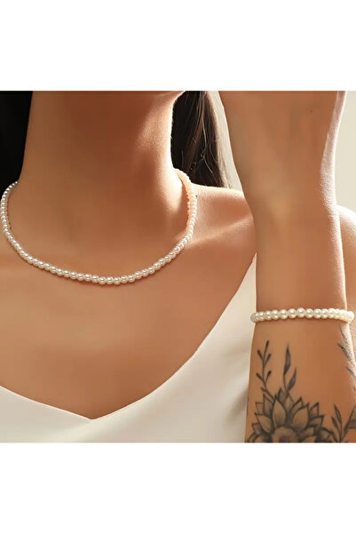 BY KUMRU 2li Minimalist İnci Kolye Bileklik Set