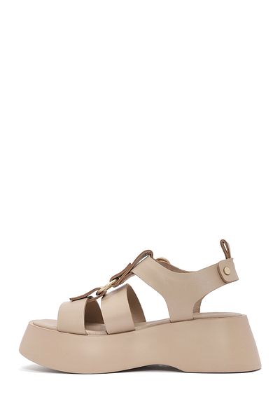 Derimod Women's Beige Ankle Strap Thick Soled Leather Sandals 25Sfd153018