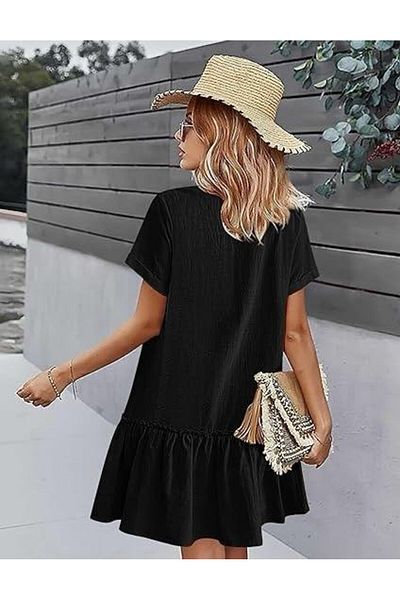 modaserdem Women's Pocket Detailed Buttoned Viscose Linen Fabric Dress