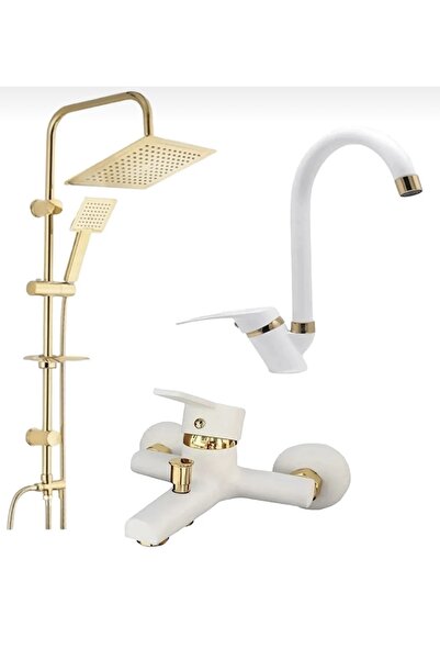 BDL ARMATÜR KCA BEYAZ GOLD ROBOT DUŞ SETİ LAVABO BANYO BATARYASI 3’LÜ SET TAKIM