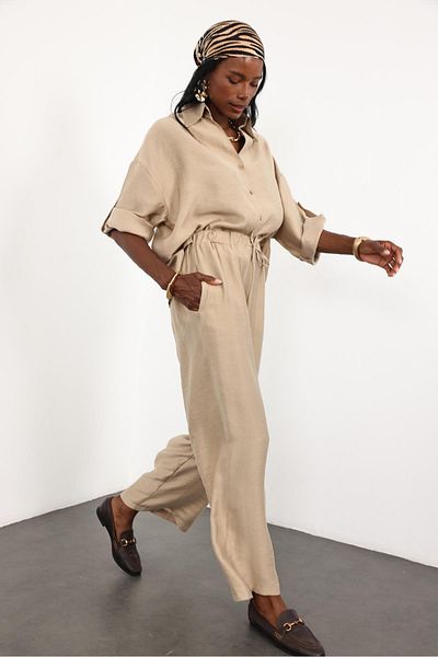 5in1Canpolat Camel Short Shirt Pants Suit