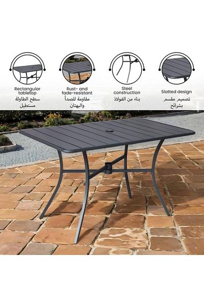 Generic LIVING ACCENTS Outdoor Rectangular Shape Steel Slatted Table with Umbrella Hole Grey