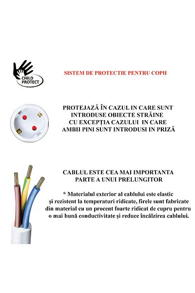 beorol Electrical extension cord with grounding and child protection, 3 sockets, 3m cable