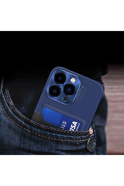 lemontti Husa Leather Stand Iphone 14 Pro Albastru,cu Suport Pentru Card