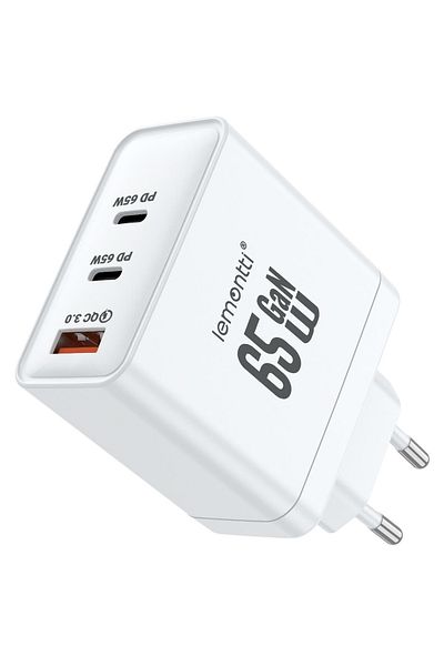 lemontti GaN Network Charger 2x Type-C and 1x USB-A, 65W, Fast Charge, EU Plug, White