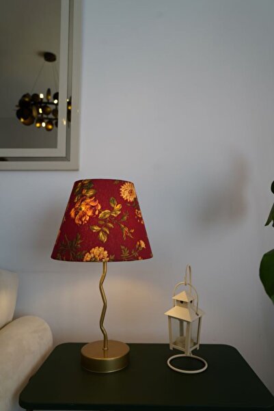 retro home design Eskitme Zikzak Model Kırmızı Çiçek Baskılı Kumaş Şapkalı Dekoratif Abajur Salon Yatak Odası