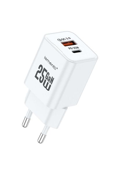 lemontti GaN Dual Port Network Charger 1x Type-C and 1x USB-A, 25W, EU Plug, White