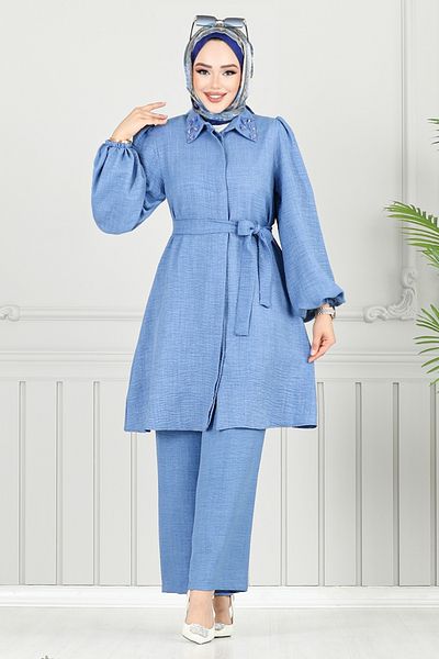 ModaMerve Set Hijab cu detalii de piatră 8250SVL982-M Indigo deschis
