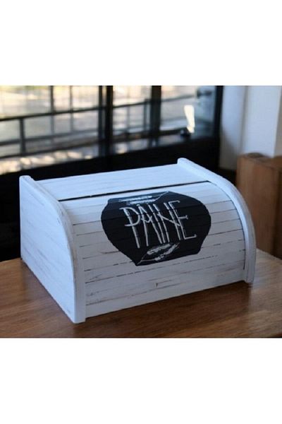 Decoratiuni Vintage Casa Retro Bread Box, hand painted, vintage white and black