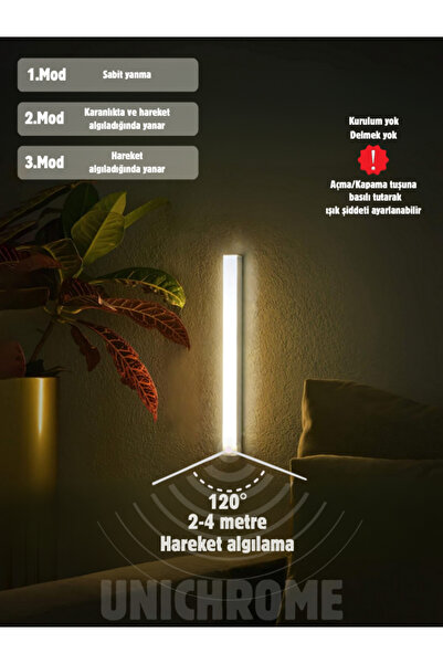 Genel Markalar Hareket Sensörlü Tüp Ledli Şarjlı Beyaz Led Auto Mod Dolap Içi, Koridor, Tezgah Altı 50cm