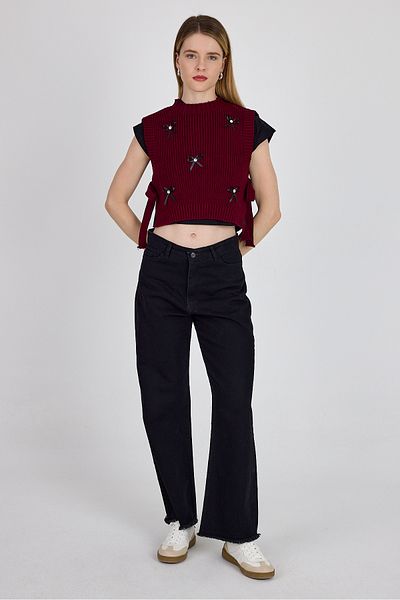 Rays Burgundy Ribbon Detailed Side Tie Knitwear Sweater 2101