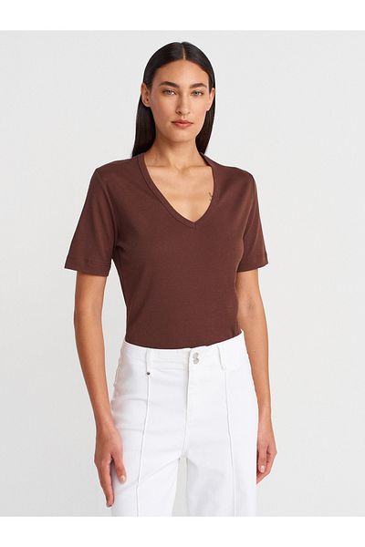 Dilvin 31840 V-Neck Short Sleeve T-Shirt-Light Brown