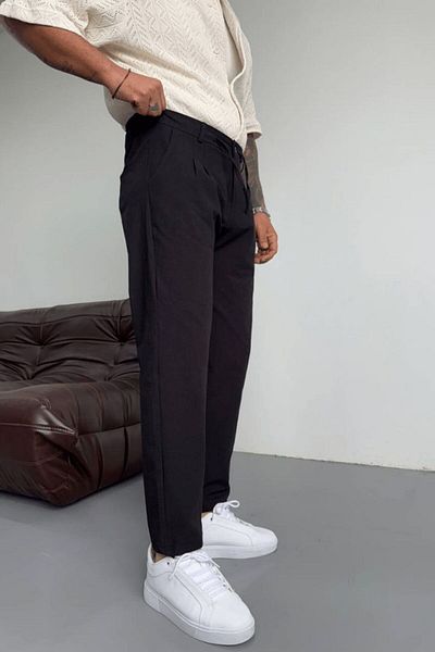 LU-MİLA High Quality Raw Linen Boyfriend Black Pants