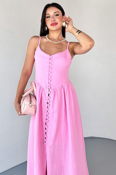 Cappmoda ELB-01802 Φόρεμα από μουσελίνα με ροζ λουράκι και κουμπιά
