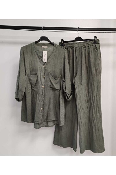 Luisido Kadın Haki İtalyan Hakim Yaka Gömlekli Düz Keten Takım